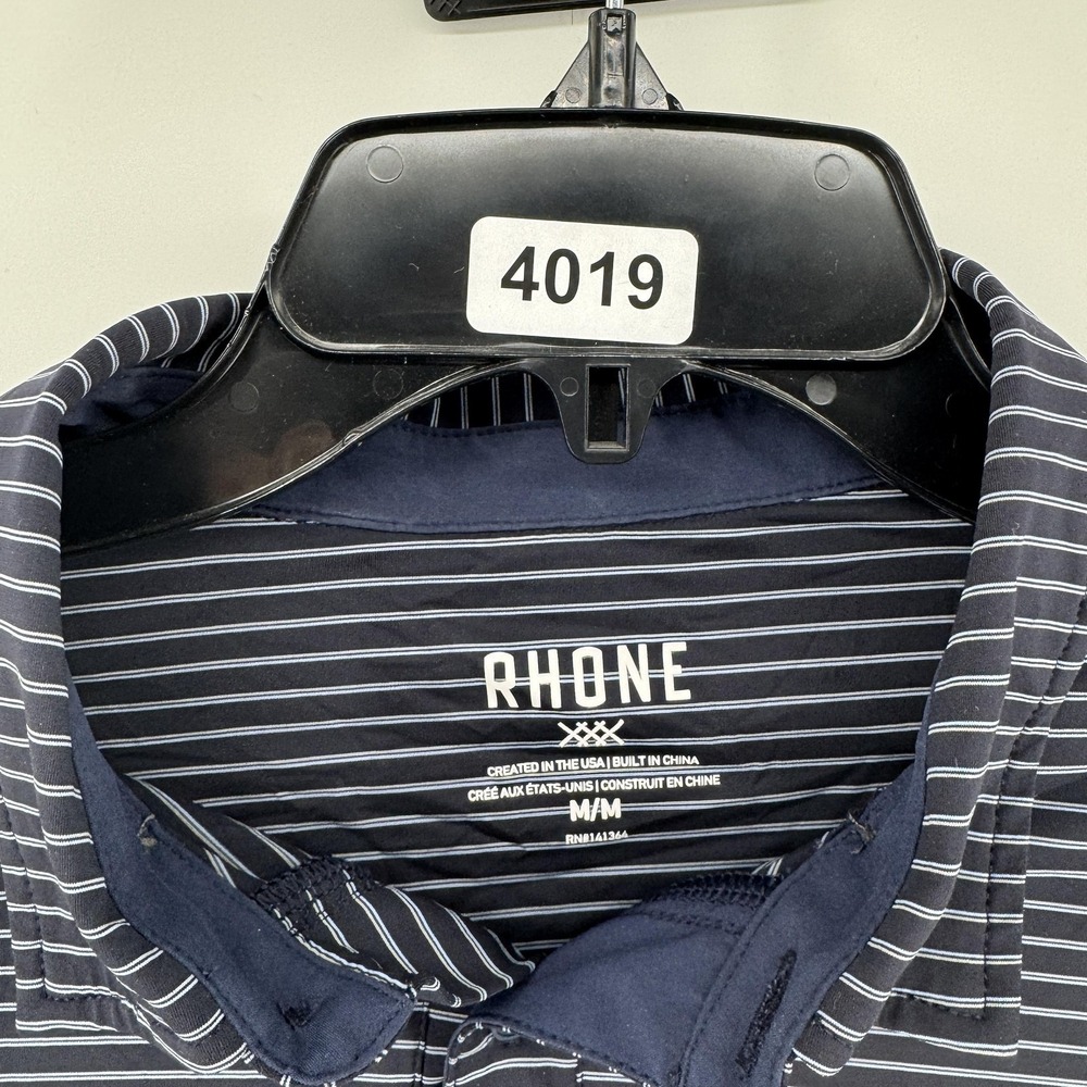 Rhone Polo Shirt Mens Medium Blue Stripe Performance Golf Casual Stretch Summer - Picture 3 of 7